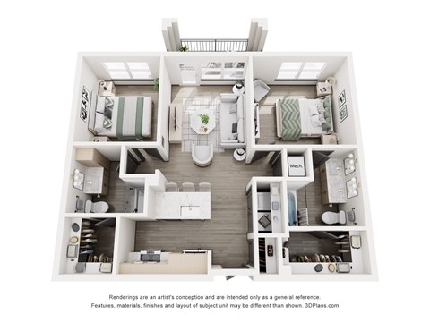 A 3D floor plan of a house with a kitchen, living room, and two bedrooms.